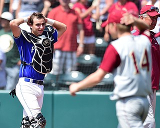 COLUMBUS, OHIO - JUNE 5, 2015: Catcher Ricky Svetlak #23 of Poland walks around in disbelief after the final out in the bottom of the 7th inning during Friday mornings Division 2 semi-final game at Huntington Park. Poland won 2-0. (Photo by David Dermer/Youngstown Vindicator)
