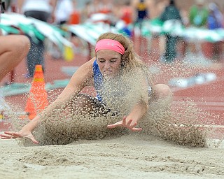 Jeff Lange | The Vindicator  JUNE 5, 2015 - Western Reserve's Hannah Grace lands in the sand during the girls long jump event in Columbus during the 2015 state track and field tournament, Friday.