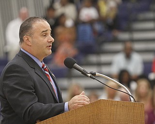       .         ROBERT  K. YOSAY | THE VINDICATOR..Vince Colaluca.. superintendent gives his message to the graduates. Over 300 Austintown Fitch graduates received their diplomas at Saturday Morning commencement in the High School Gym..-30-