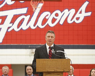       .         ROBERT  K. YOSAY | THE VINDICATOR..Principal Christopher Berni addresses the graduates. Over 300 Austintown Fitch graduates received their diplomas at Saturday Morning commencement in the High School Gym..-30-