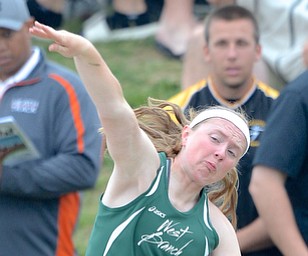 Jeff Lange | The Vindicator  JUNE 6, 2015 - West Branch Lea Bock launches the shot during Saturday morning's DII girls shot put event during the 2015 state track and field tournament held at Jesse Owens Memorial Stadium in Columbus.