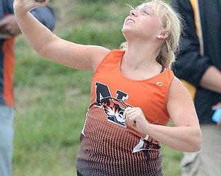 Jeff Lange | The Vindicator  JUNE 6, 2015 - Newton Falls' Tia Harris prepares to throw the shot in the DII girls shot put event during the 2015 state track and field tournament held at Jesse Owens Memorial Stadium in Columbus.