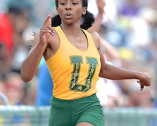 Jeff Lange | The Vindicator  JUNE 6, 2015 - Ursuline's Alexandra Carnathan sprints down the track in the 100 meter dash during Saturday's 2015 state track and field tournament held at Jesse Owens Memorial Stadium in Columbus.