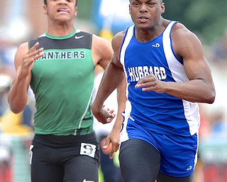 Jeff Lange | The Vindicator  JUNE 6, 2015 - Hubbard's George Hill (right) sprints down the track past Panthers' Bailey Storeholder in the 100 meter dash during Saturday's 2015 state track and field tournament held at Jesse Owens Memorial Stadium in Columbus.