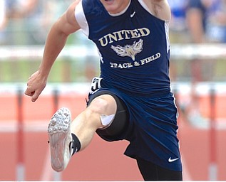 Jeff Lange | The Vindicator  JUNE 6, 2015 - United's Riley Fillman jumps a hurdle in the boys 300 meter hurdle event during the 2015 state track and field tournament held at Jesse Owens Memorial Stadium in Columbus, Saturday.