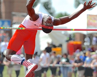 Jeff Lange | The Vindicator  JUNE 6, 2015 - Austintown Fitch's Carlos Herriott looks as he attempts to clear a bar set at 6 feet 6 inches in the boys high jump event during the 2015 state track and field tournament held at Jesse Owens Memorial Stadium in Columbus, Saturday afternoon.