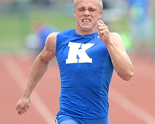 Jeff Lange | The Vindicator  JUNE 6, 2015 - Warren JFK's Chad Zallow finishes off strong in the DIII boys 100 meter dash during Saturday's 2015 state track and field tournament held at Jesse Owens Memorial Stadium in Columbus.
