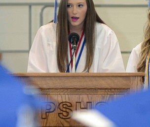 Katie Rickman | The Vindicator.Arlia Duarte the Valedictorian at Poland High School gives a speech during the commencement ceremony on Sunday June 7, 2015.