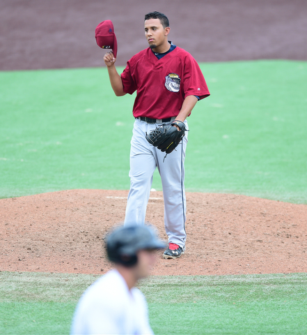 MORGANTOWN, WEST VIRGINIA - JUNE 21, 2015: Pitcher Johan Puello #43 of the Scrappers reacts after allowing a walk in the bottom of the 6th inning during game one of Sunday afternoons double header at game at Monongalia County Ballpark. DAVID DERMER | THE VINDICATOR