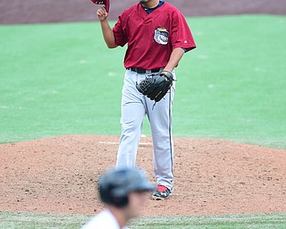 MORGANTOWN, WEST VIRGINIA - JUNE 21, 2015: Pitcher Johan Puello #43 of the Scrappers reacts after allowing a walk in the bottom of the 6th inning during game one of Sunday afternoons double header at game at Monongalia County Ballpark. DAVID DERMER | THE VINDICATOR