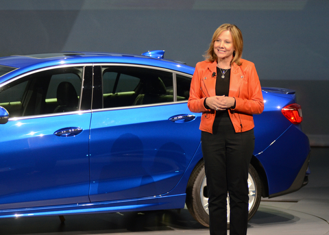 Katie Rickman | The Vindicator.L-R.Mary Barra Chief Executive Officer GM discusses the 2016 Cruze after its unveiling in Detroit Michigan June 24, 2015.