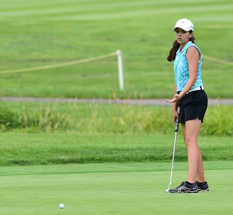 HUBBARD, OHIO - JUNE 26, 2015: Hadley Spielvogel of Boardman shows her frustration after her ball broke past the hole on the 11th hole Friday afternoon at Pine Lakes during a Vindy Greatest Golfer qualifying Tournament. DAVID DERMER | THE VINDICATOR