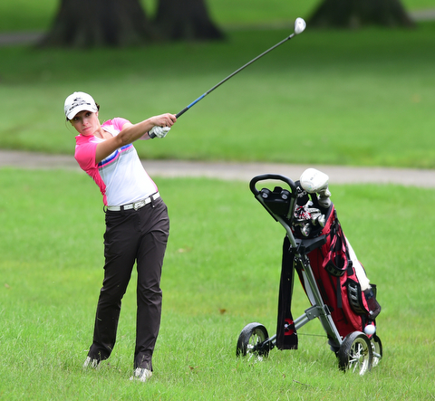 BOARDMAN, OHIO - JULY 1, 2015: Elise Hammond of Columbiana follows through on her approach shot on the 9th hole at Mill Creek Golf Course Wednesday afternoon during a Vindy Greatest Golfer qualifying Tournament. DAVID DERMER | THE VINDICATOR