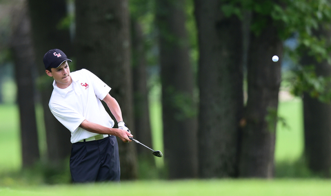 BOARDMAN, OHIO - JULY 1, 2015: Chris AAustalosh of Campbell chips out of the shot rough and toward the green on the 18th hole at Mill Creek Golf Course Wednesday afternoon during a Vindy Greatest Golfer qualifying Tournament. DAVID DERMER | THE VINDICATOR