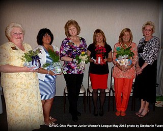 SPECIAL TO THE VINDICATOR
Yvonne Ford, GFWC Ohio director of junior clubs, recently installed 2015-2016 GFWC Ohio Warren Junior Women’s League officers. Above from left are Cary Ann Koren, secretary; Jonnah Hetzel, treasurer; Rebecca Bucco, second vice president; Molly Halliday, first vice president; Mary Lou Jarrett, president; and Ford. Membership awards were presented for 15, 25 and 35 years of active membership. Shelby McElravy received the 35-year award, and 10-year awards went to Peggy Boyd, Kelly Kelly, Karen Margala, Renee Maiorca and Pam Vines. Stephanie Furano was named Clubwoman of the Year. Below are the 25-year recipients, and President Maiorca, left, presented awards to Carol Batchelder and Furano.