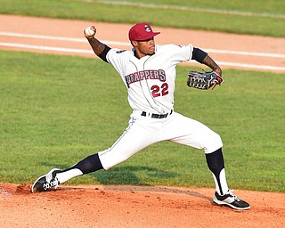 NILES, OHIO - JULY 4, 2015: Pitcher Jared Robinson #22 of the Scrappers throws a pitch in the 1st inning of Saturday nights game at Eastwood Field. DAVID DERMER | THE VINDICATOR