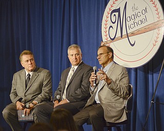 Katie Rickman | The Vindicator.Tom Hamilton radio announcer for the Cleveland Indians, John Hirschbeck, a MLB umpire and Joe Torre former baseball manager speak during the The Magic of Michael benefit dinner at the Lake Club in Poland Sunday July 5, 2015.
