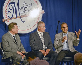 Katie Rickman | The Vindicator.Tom Hamilton radio announcer for the Cleveland Indians, John Hirschbeck, a MLB umpire and Joe Torre former baseball manager speak during the The Magic of Michael benefit dinner at the Lake Club in Poland Sunday July 5, 2015.