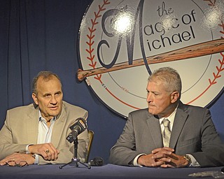 Katie Rickman | The Vindicator.Joe Torre, left and John Hirschbeck speak the the media about The Magic of Michael benefit and Hirschbeck Foundation prior to the event which was in the honor of Michael Hirschbeck, Johns son.