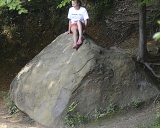 Katie Rickman | The Vindicator .Lilli Sembach 13 of Newton Falls smiles after climbing to the top of a large boulder at the Lilly Pond Sunday, July 5, 2015. Naturalists from the Ford Nature Center were on cite to discuss wild life.