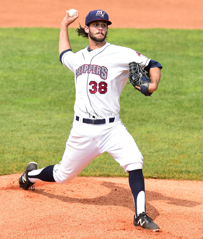 NILES, OHIO - JULY 5, 2015: Pitcher Kieran Lovegrove #38 of the Scrappers throws a pitch in the 1st inning during Sunday afternoons game at Eastwood Field. DAVID DERMER | THE VINDICATOR
