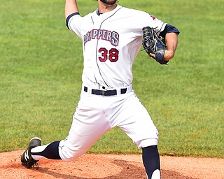 NILES, OHIO - JULY 5, 2015: Pitcher Kieran Lovegrove #38 of the Scrappers throws a pitch in the 1st inning during Sunday afternoons game at Eastwood Field. DAVID DERMER | THE VINDICATOR