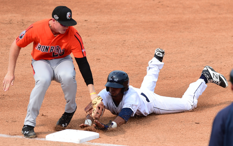 NILES, OHIO - JULY 5, 2015: Willi Castro #2 of the Scrappers steals third base beating the tag from 3rd basemen Austin Pfeiffer #23 of the Ironbirds in the 1st inning during Sunday afternoons game at Eastwood Field. DAVID DERMER | THE VINDICATOR
