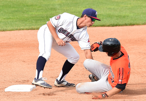 NILES, OHIO - JULY 5, 2015: Second basemen Mark Mathias #29 of the Scrappers tags out base runner Mike Odenwaelder #37 of the Ironbirds on a steal attempt in the 2nd inning during Sunday afternoons game at Eastwood Field. DAVID DERMER | THE VINDICATOR