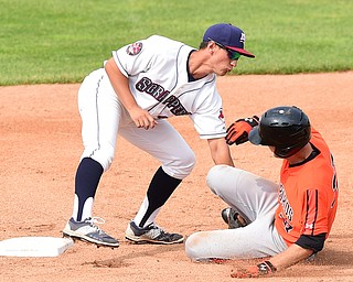 NILES, OHIO - JULY 5, 2015: Second basemen Mark Mathias #29 of the Scrappers tags out base runner Mike Odenwaelder #37 of the Ironbirds on a steal attempt in the 2nd inning during Sunday afternoons game at Eastwood Field. DAVID DERMER | THE VINDICATOR