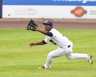 NILES, OHIO - JULY 6, 2015: Center fielder Silento Sayles #9 of the Scrappers gets under the ball for the out in the 1st inning of Monday nights game at Eastwood Field. DAVID DERMER | THE VINDICATOR