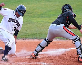 NILES, OHIO - JULY 6, 2015: Base runner Li-Jen Chu #16 of the Scrappers slides into home plate to score a run before catcher Jerry McClanahan #9 of the Ironbirds can receive the baseball in the 2nd inning of Monday nights game at Eastwood Field. DAVID DERMER | THE VINDICATOR