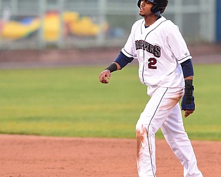 NILES, OHIO - JULY 6, 2015: Willi Castro #2 of the Scrappers shows his frustration after being picked off attempting to steal second base in the 2nd inning of Monday nights game at Eastwood Field. DAVID DERMER | THE VINDICATOR