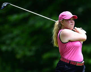 CANFIELD, OHIO - JULY 7, 2015: Kaci Carpenter of Canfield watches her tee shot fly through the air on the 15th hole Tuesday afternoon at Diamondback during a Vindy Greatest Golfer qualifying Tournament. DAVID DERMER | THE VINDICATOR