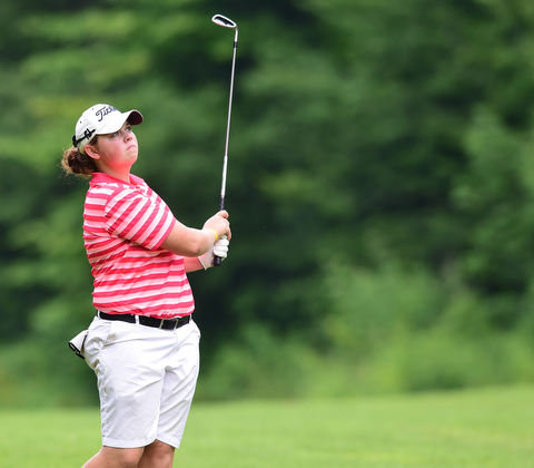 CANFIELD, OHIO - JULY 7, 2015: Kaylee Neumeister of Cortland watches her approach shot on the 15th hole Tuesday afternoon at Diamondback during a Vindy Greatest Golfer qualifying Tournament. DAVID DERMER | THE VINDICATOR