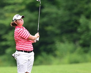 CANFIELD, OHIO - JULY 7, 2015: Kaylee Neumeister of Cortland watches her approach shot on the 15th hole Tuesday afternoon at Diamondback during a Vindy Greatest Golfer qualifying Tournament. DAVID DERMER | THE VINDICATOR