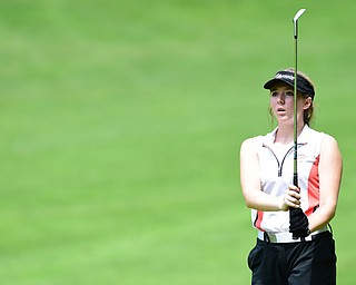 CANFIELD, OHIO - JULY 7, 2015: Sydney Heinbaugh of Youngstown watches her ball fly toward the green after her approach shot on the 15th hole Tuesday afternoon at Diamondback during a Vindy Greatest Golfer qualifying Tournament. DAVID DERMER | THE VINDICATOR