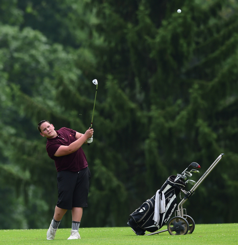 CANFIELD, OHIO - JULY 7, 2015: Andrew Murphy of Canfield chips onto the green from the fairway on the 13th hole Tuesday afternoon at Diamondback during a Vindy Greatest Golfer qualifying Tournament. DAVID DERMER | THE VINDICATOR