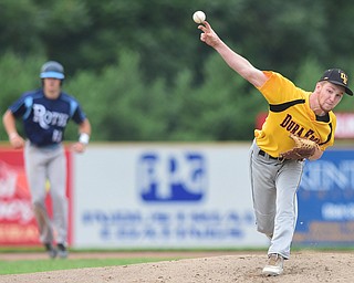 STRUTHERS, OHIO - JULY 10, 2015: Pitcher Dan Boerio #8 of DuraEdge throws a pitch in the 2nd inning during Friday nights Class B baseball game at Cene Park. DAVID DERMER | THE VINDICATOR