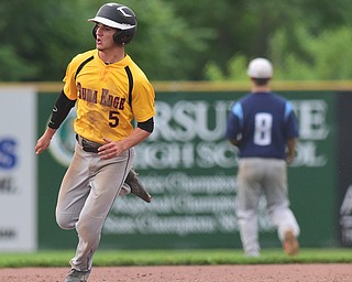STRUTHERS, OHIO - JULY 10, 2015: Base runner Zach Senchak #5 of DuraEdge runs to third base before heading home to score a run in the 6th inning during Friday nights Class B baseball game at Cene Park. DAVID DERMER | THE VINDICATOR