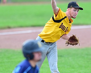 STRUTHERS, OHIO - JULY 10, 2015: Pitcher Dan Boerio #8 of DuraEdge throws the ball to first base for the out after fielding a weak roller in front of the mound in the 7th inning during Friday nights Class B baseball game at Cene Park. DAVID DERMER | THE VINDICATOR