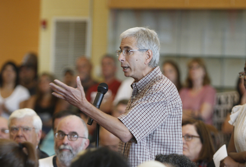       ROBERT K. YOSAY  | THE VINDICATOR..Bill Miller has questions as an educator for over 30 years of  Tom Humphries ..State Sen. Joe Schiavoni  state Rep. Michele-Lepore-Hagan, Mayor John A. McNally will hosted a meeting  William Holmes McGuffey Elementary School to discuss the Youngstown plan legislated for city schools recovery.  ..