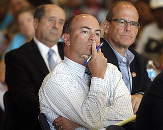        ROBERT K. YOSAY  | THE VINDICATOR..Mayor John McNally Mike O'Brien and Chamber President - Tom Humphries... listen to Denis Driehaus..State Sen. Joe Schiavoni  state Rep. Michele-Lepore-Hagan, Mayor John A. McNally will hosted a meeting  William Holmes McGuffey Elementary School to discuss the Youngstown plan legislated for city schools recovery.  ..
