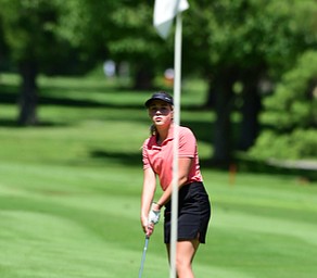 WARREN, OHIO - JULY 16, 2015: Kristin Shelley of Canfield watches as her putt breaks away from the hole on the 1st hole Thursday afternoon during a Vindy Greatest Golfer qualifying Tournament. DAVID DERMER | THE VINDICATOR
