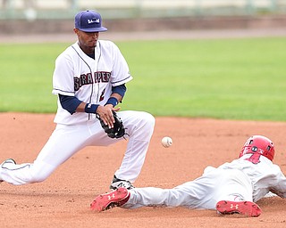 NILES, OHIO - JULY 17, 2015: Short stop Willi Castro #2 of the Scrappers is unable to cleanly field the baseball while Dalton Dulin #4 of the Doubledays steals second base in the 1st inning during Friday nights game at Eastwood Field. DAVID DERMER | THE VINDICATOR