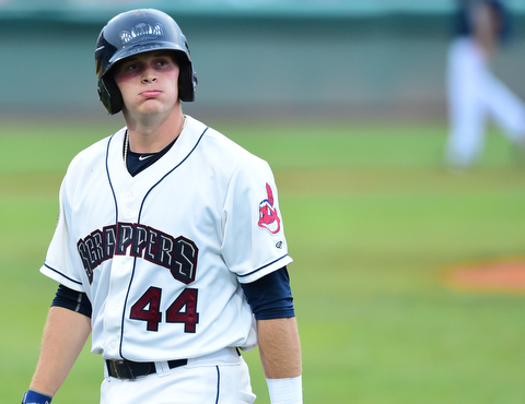 NILES, OHIO - JULY 17, 2015: Jack Goihl #44 of the Scrappers shows his frustration after popping out to second base in the 3rd inning during Friday nights game at Eastwood Field. DAVID DERMER | THE VINDICATOR.