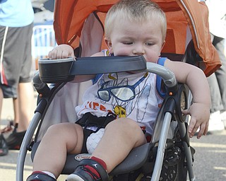 Katie Rickman | The Vindicator.Wyatt Redmon 1 of Youngstown cools off in the shade and rests on his stroller at the Trumbull County Fairgrounds on various rides Saturday, July 18, 2015.