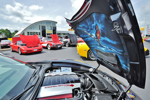 Jeff Lange | The Vindicator  JULY 19, 2015 - Among the many Corvettes on display at Sunday's car show, this Stingray sported a under-hood mural of the Corvette logo at the Mahoning Valley Corvettes Club car show in Austintown.