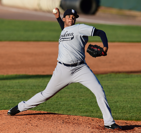 NILES, OHIO - JULY 21, 2015: Pitcher Jose Mesa Jr. throws a pitch int he 2nd inning of Tuesday nights game at Eastwood Field. DAVID DERMER | THE VINDICATOR