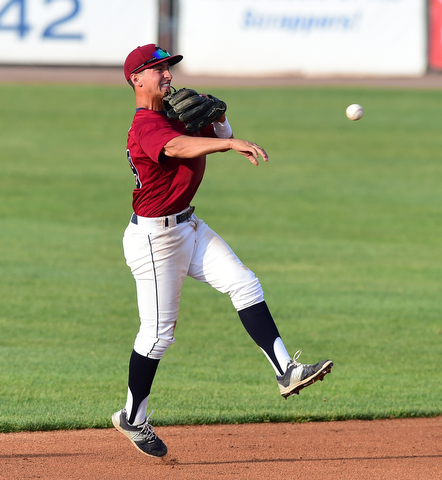 NILES, OHIO - JULY 22, 2015: Second basemen Mark Mathias #29 of the Scrappers throws the ball to first for the out in the 2nd inning of Wednesday nights game at Eastwood Field. DAVID DERMER | THE VINDICATOR