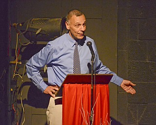 Katie Rickman | The Vindicator.Bernie Appugliese, Executive Director of The Youngstown Playhouse welcomes attendees to the"Exit Stage Left" tribute to the late Bentley Lenhoff Saturday July 25, 2015 at the playhouse.